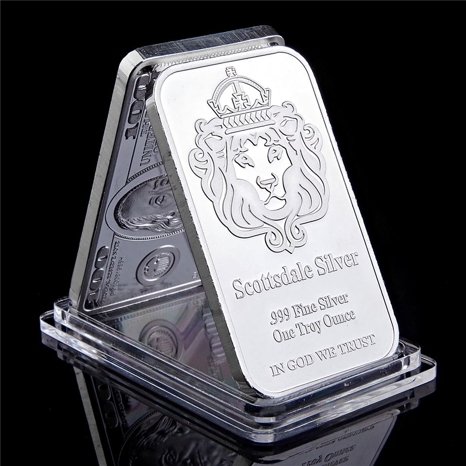 Scottsdale Craft 999 Fine Silver One Troy Ounce Bars Bullion In God We Trust 50 mm x 28mm Ingot Badge Decoration Coin Bar-image-584074550