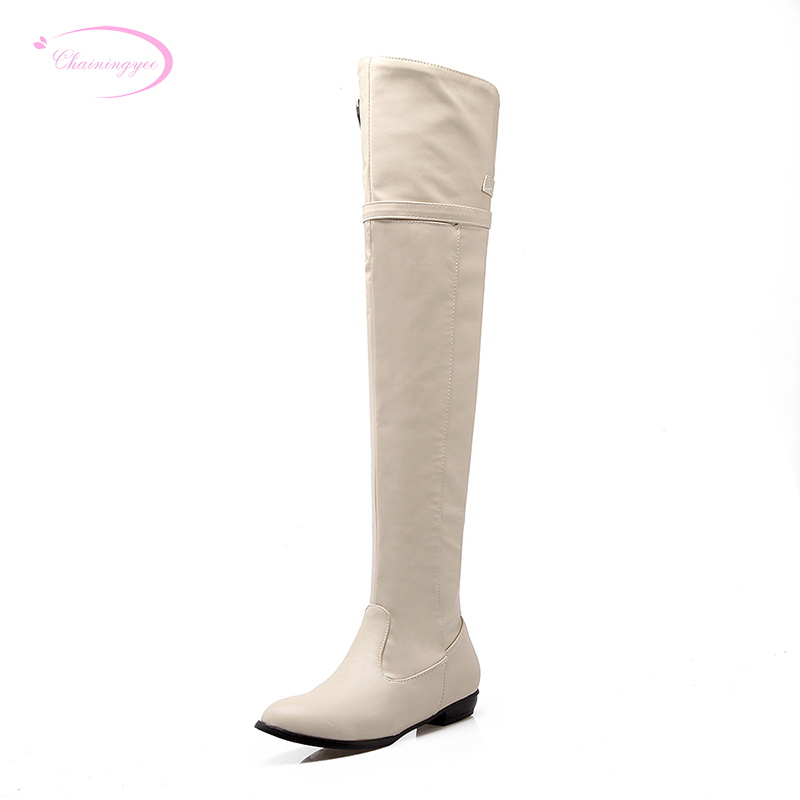 

Chainingyee street sexy pointed toe over knee high boots fashion belt buckle zipper black brown beige flat women riding boots
