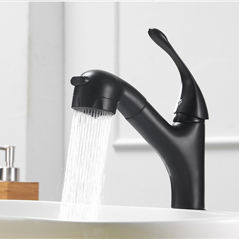 

WZLY Basin Faucets Black/Chrome Brass Single Handle Bathroom Pull Out Basin Faucet Button Switch Cold Hot Water Sink Mixer Tap