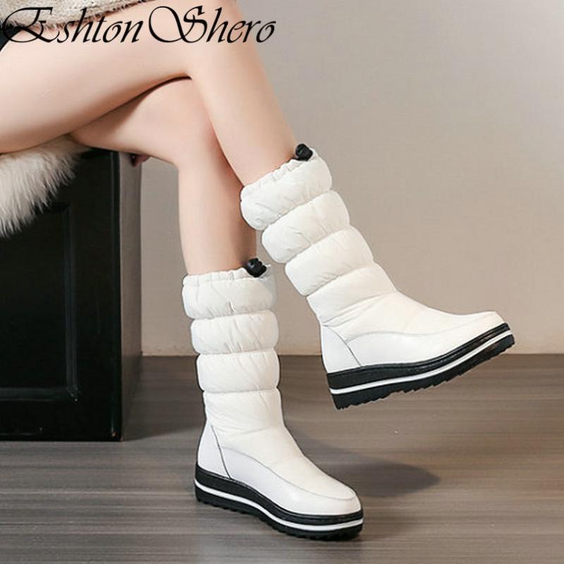 

EshtonShero Shoes Women Snow Boots Sheep Low Heel Winter PU Leather Keep Warm White Ladies Knee High Boots Size 35-43, Black