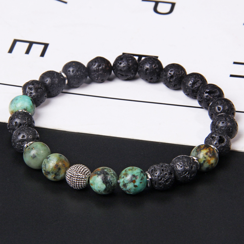 

Vintage Natural Black Lava Volcanic Beads Yoga Bracelet Round Ball Turquoises Beaded Charm Bracelet for Women Men Jewelry
