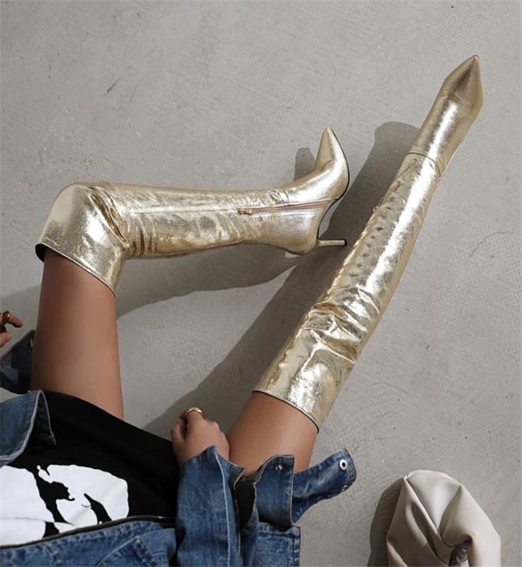 

PXELENA Shiny Sexy Women Thigh High Boots Stiletto Heels Gold Silver Pointed Toe Party Nightclub Catwalk Show Over The Knee Boot