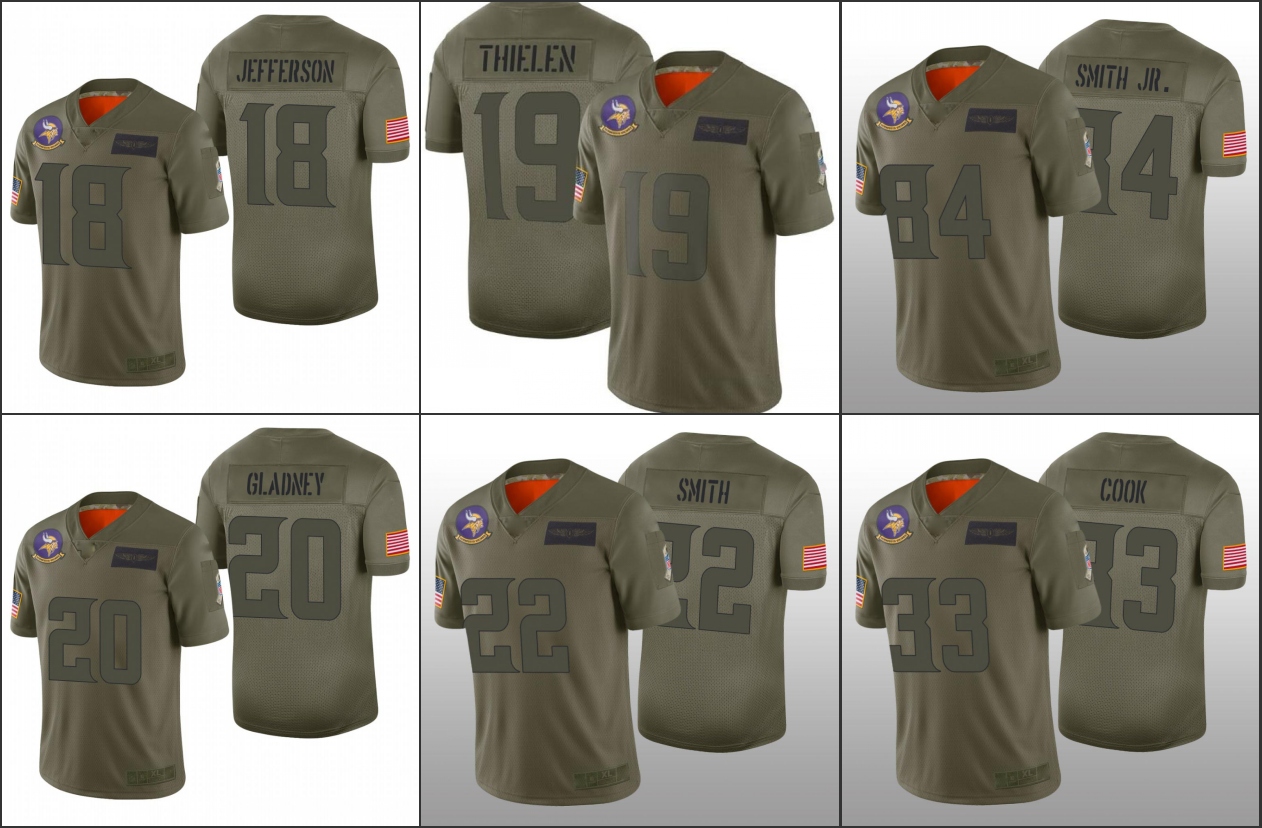 

MinnesotaVikingsMen 19 Adam Thielen 18 Justin Jefferson 8 Kirk Cousins 33 Dalvin Cook Women Youth Salute to Service Limited Jersey
