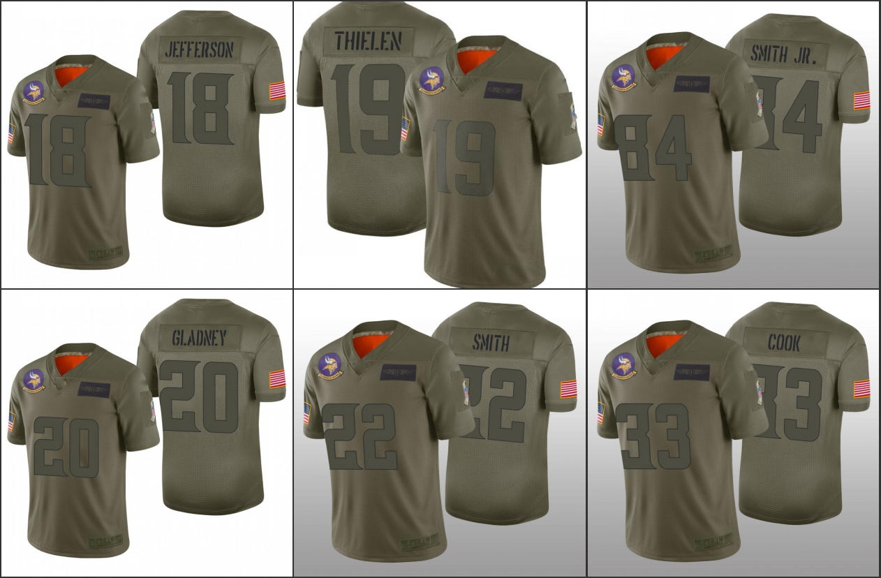 

Minnesota''Vikings''Men 19 Adam Thielen 18 Justin Jefferson 8 Kirk Cousins 33 Dalvin Cook Women Youth Salute to Service Limited Jersey