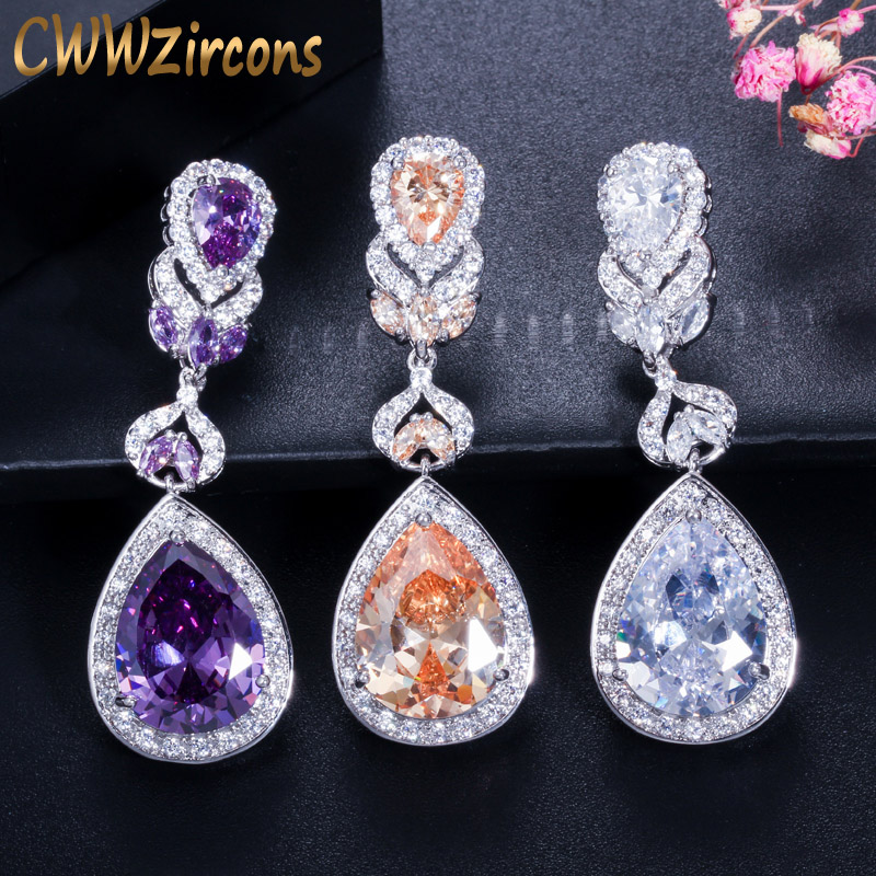 

CWWZircons European And American Style High Quality Big Purple Crystal Long Drop Dangle Costume Earrings For Women CZ167