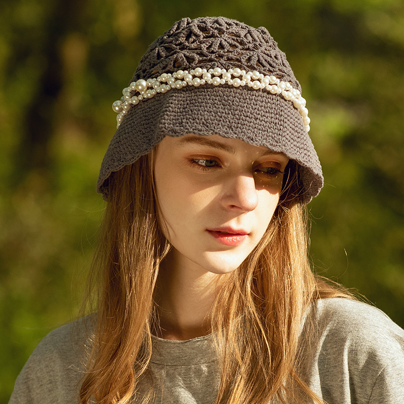 

B-7951 Hand-Woven Spring Japanese Hollow Fisherman Hat Travel All-match Sunbonnet Korean Fashion Bucket Hat Lady Knitting Hats, White
