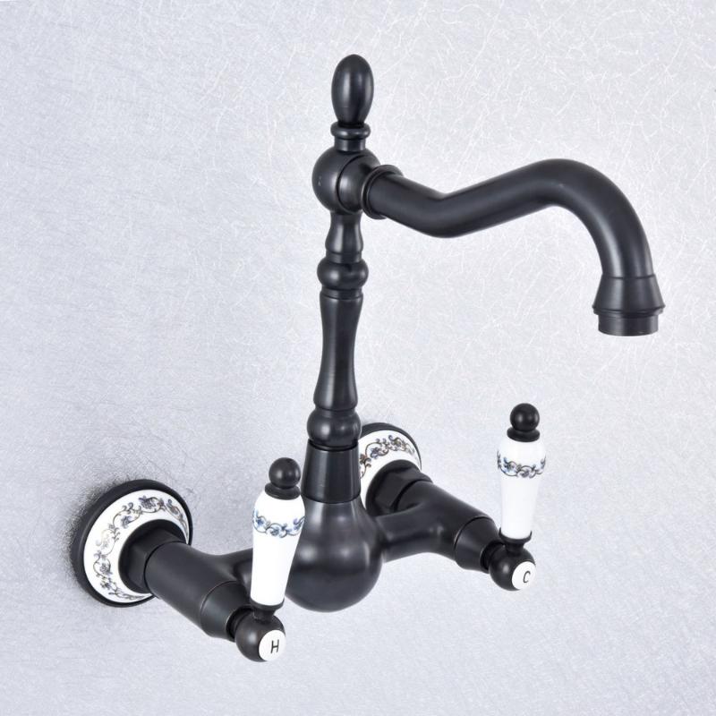 

Black Oil Rubbed Brass Bathroom Kitchen Sink Basin Faucet Mixer Tap Swivel Spout Wall Mounted Dual Ceramic Handles msf711