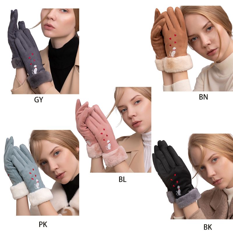 

Womens Cute Cat Embroidery Winter Full Finger Touchscreen Gloves Thick Plush Linging Hand Warmer Outdoor Ski Windproof Mittens