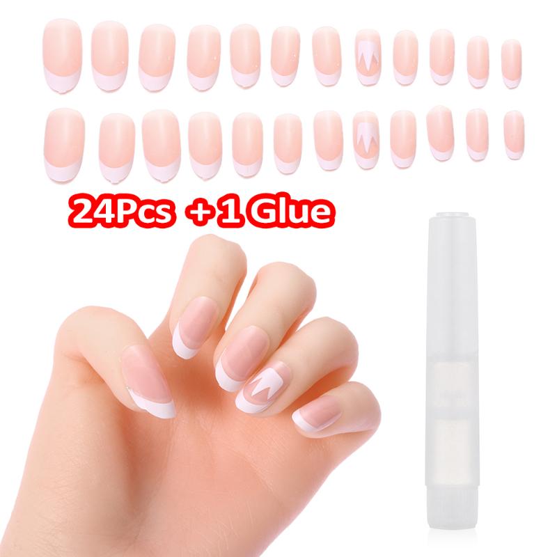 

About24Pcs 3D Full Cover False Nail Tips Natural Classic French Natural Light Pink Shining Fake Nails Art Manicure Kit With Glue, White