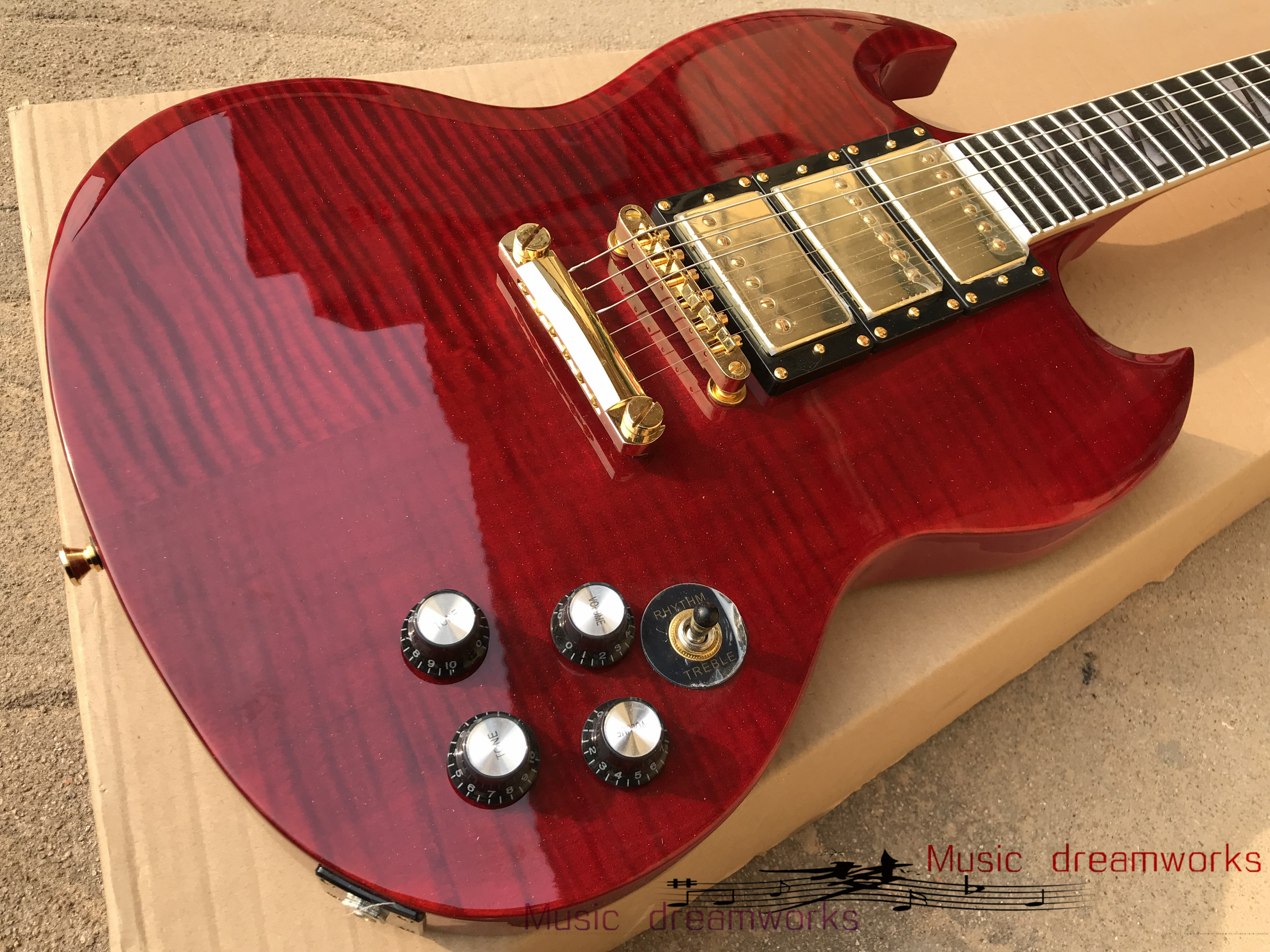 

China electric guitar OEM shop G S G custom Electric Guitar Transparent red, body double flame maple wood.Free shipping