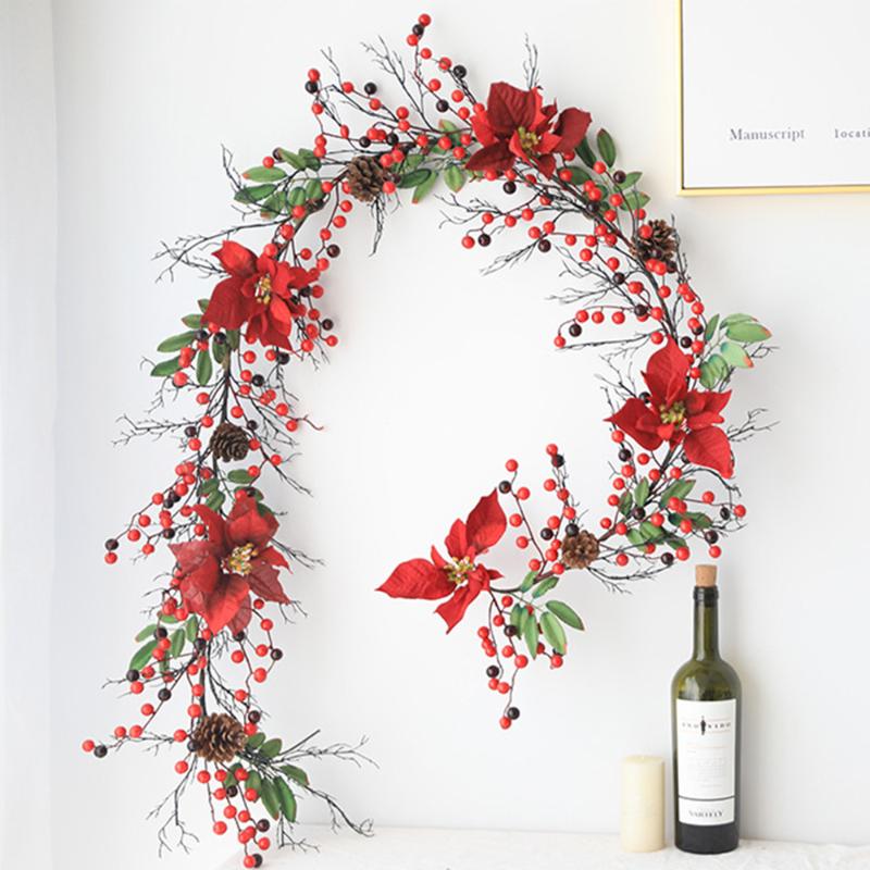 

Christmas Garland DIY Decoration 6ft Artificial Red Berry Wreath With Pine Cone And Green Leaves For Holiday Desk Decor, A2