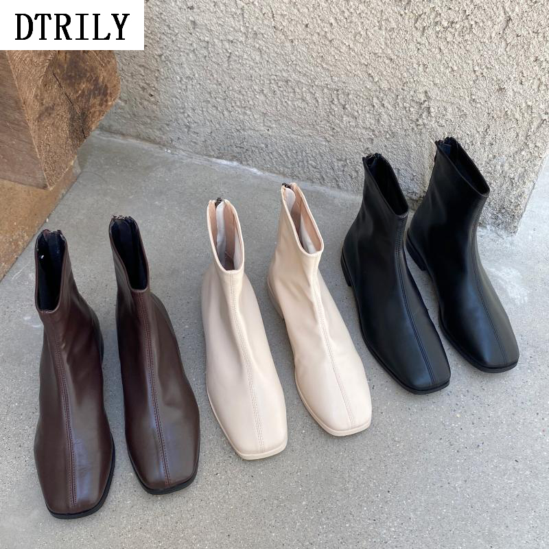 

2020 New Zip Knight Boots Women Leather Chunky Heels Shoes Square Toe Ankle Boots Autumn Winter Zapatillas Mujer Black Brown, Beige