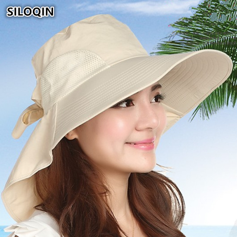 

SILOQIN Summer Women's Hat Foldable Big Eaves Breathable Sun Hats UV Resistant Beach Hat For Women Ribbon Decoration Female Cap, Black
