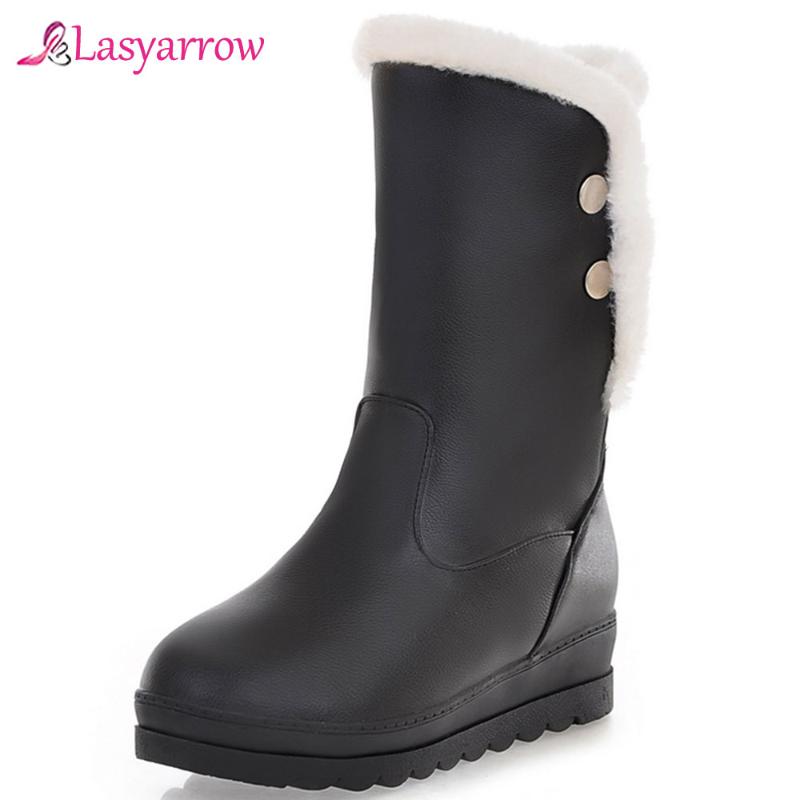 

Lasyarrow Winter Mid-Calf Boots Women Snow Boot Round Toe Shoes Female High Heels Thick Shoes Ladies Platform J989, Beige
