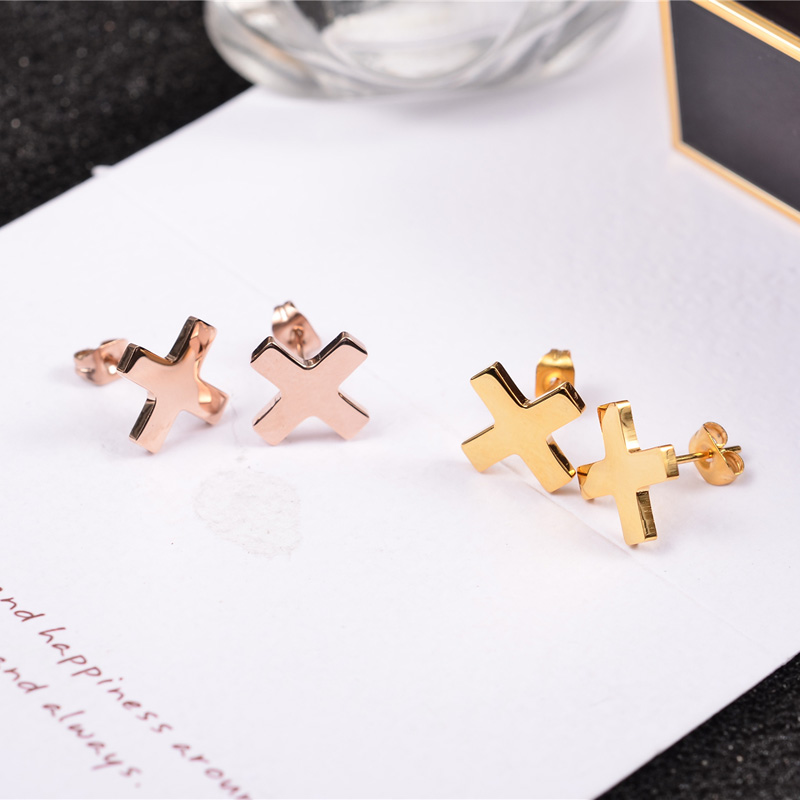 

YUN RUO Stainless Steel Jewelry Rose Gold Color Succinct Cross Stud Earrings for Woman Man High Polish Smooth Earring