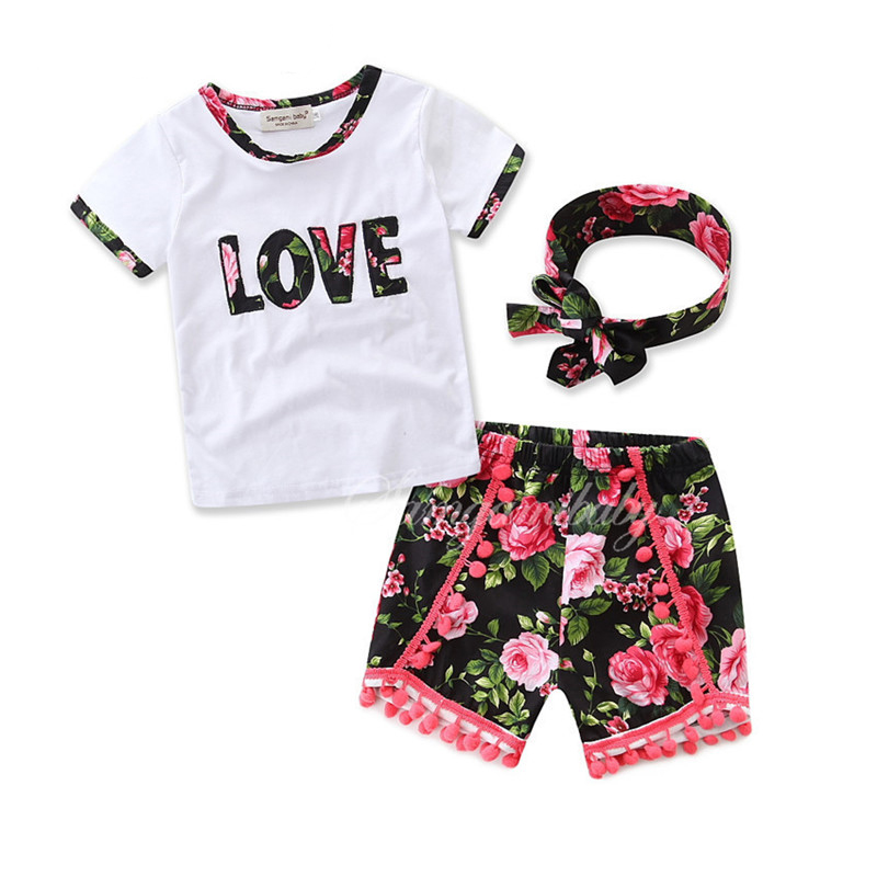 

Summer Baby Girls Clothes Sets Kids Printed Letter LOVE Short Sleeve T-shirt And Shorts Suit +Headband 3Pcs Girls Clothing Set, White