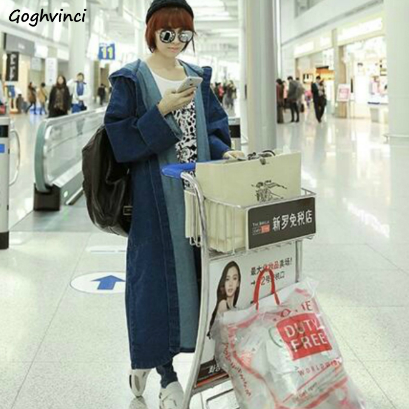

Trench Coat Denim Women Hooded Leisure Loose Oversize Solid Long Daily Outwear Womens Korean Style Harajuku All-match New Trendy, Black