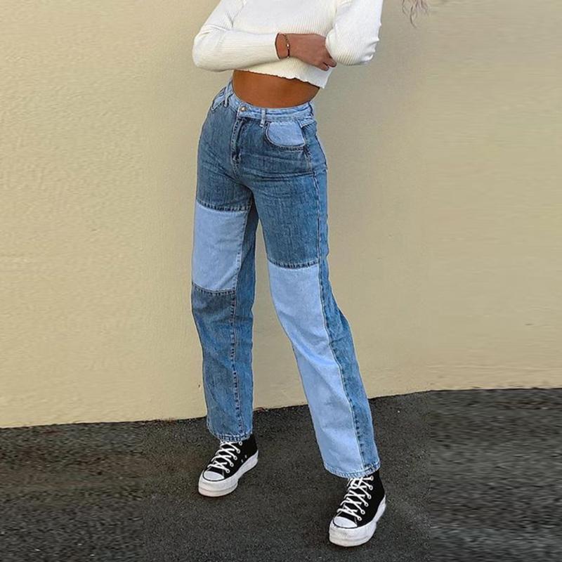 

Vintage High Waist Jeans Women Fashion Casual Matching Color block Straight-Leg Slim Jeans Pants Denim Pants Vaqueros Mujer, Blue