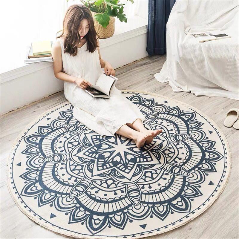 

Carpets Nordic Ethnic Style Round Large Area Rug For Bedroom Bohemia Woven Cotton Carpet Knitting Floor Mat 90cm 120cm 150cm, India-blue