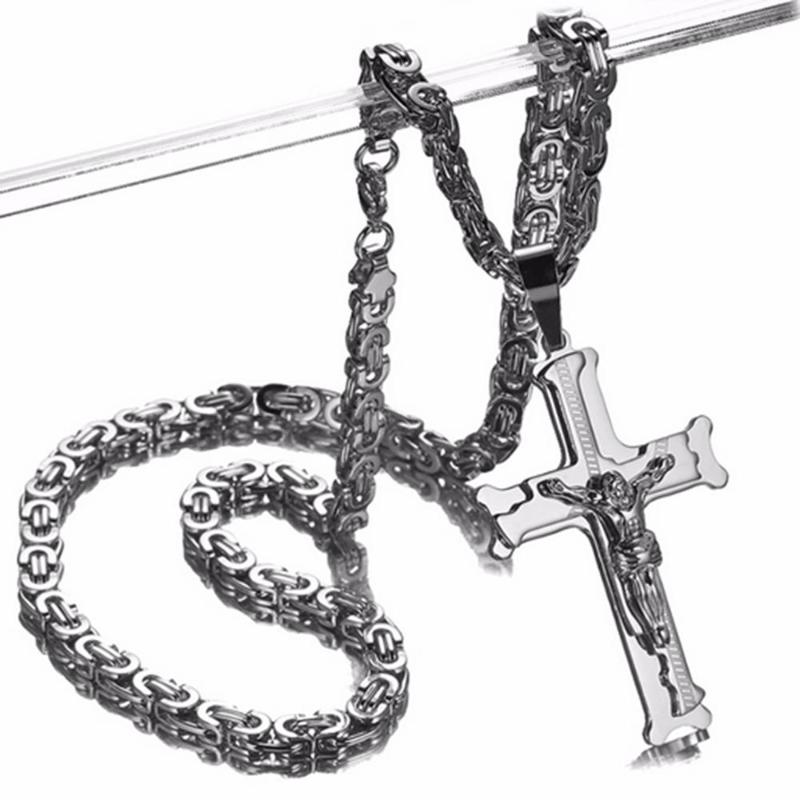 

6mm Top Stainless Steel Silver Color Men Birthday Gift Byzantine Chain Christian Jesus Cross Crucifix Pendant Necklace 18"-40