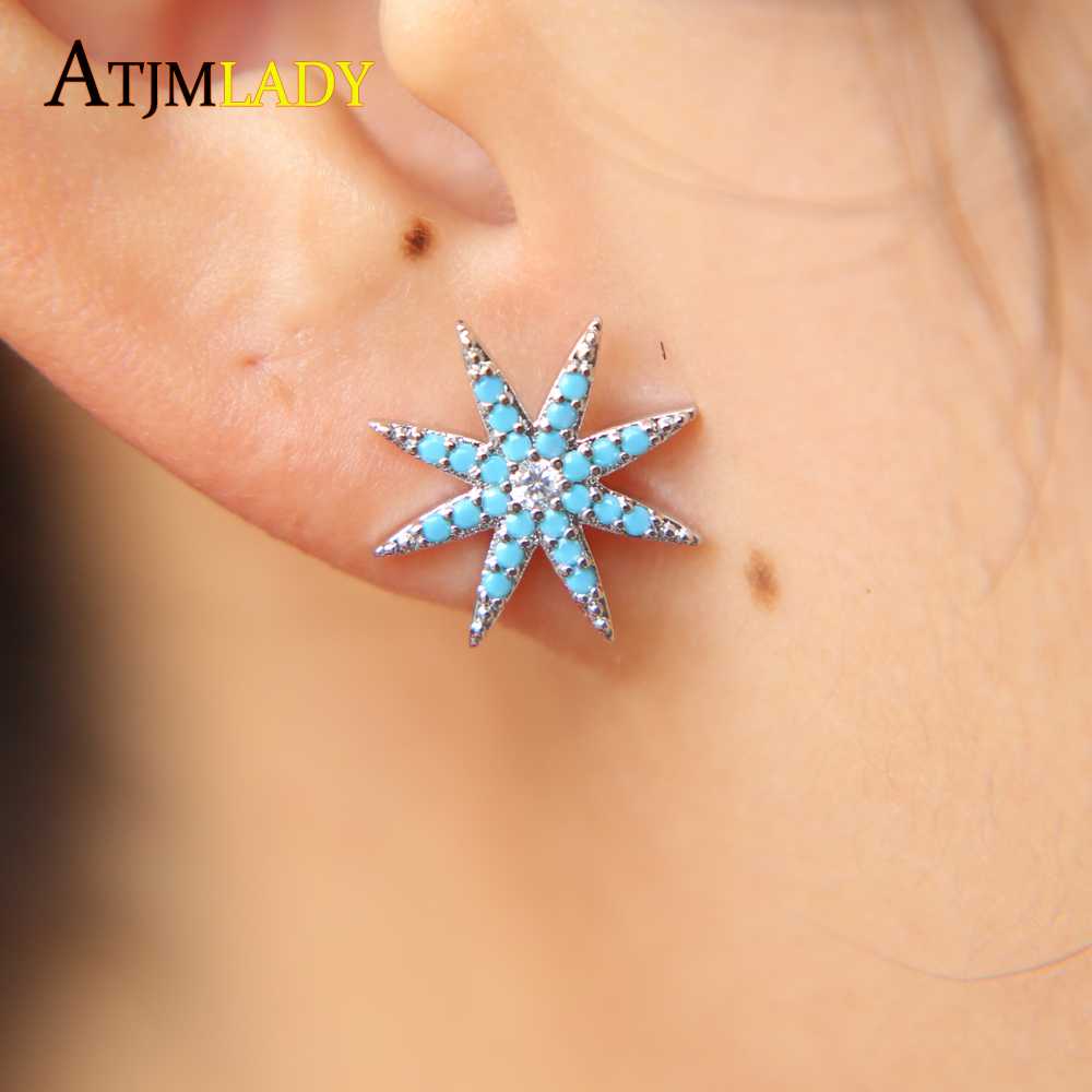 

pave ocean blue turquoises stone fashion jewelry sun burst cute girl women studs fashion elegant star stud earring simple design