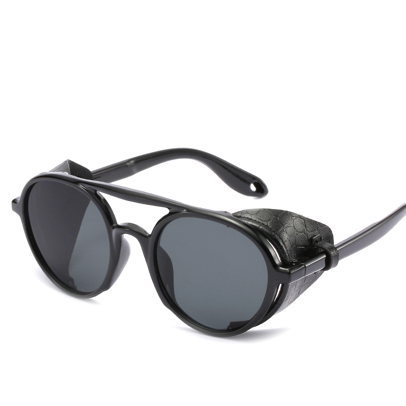 

2020 New Fashion Vintage SteamPunk Punk Style Round Sunglasses Leather Side Shield Brand Design Sun Glasses
