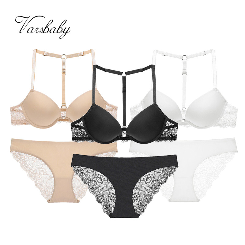 

Varsbaby 3 Sets/Lot front buckle gather Y-line straps bra sets women sexy lace underwear, Beige black white