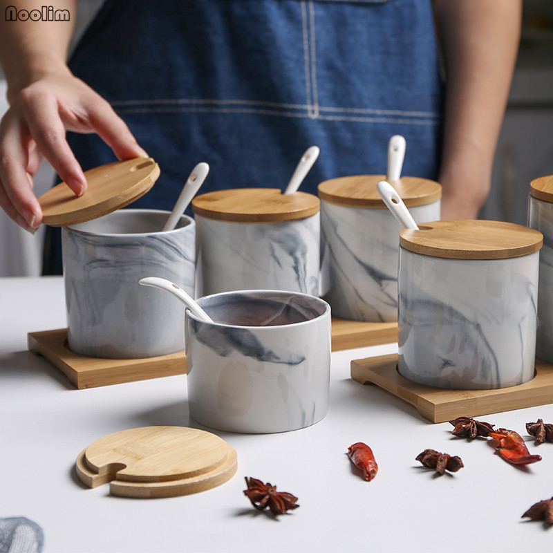 

Nordic Marbled Ceramic Spice Tools Seasoning Jars Salt Sugar Storage Jars with Wooden Tray Set Kitchen Supplies