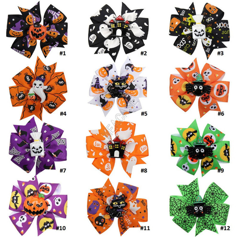 

3Inch Halloween Bows Barrettes Bowknot Kids Hairpin Ghost Pumpkin Cartoon Print Hair Clip Ribbon Children Hair Accessories Headdress D9701, #1-#12 colors random or remarks