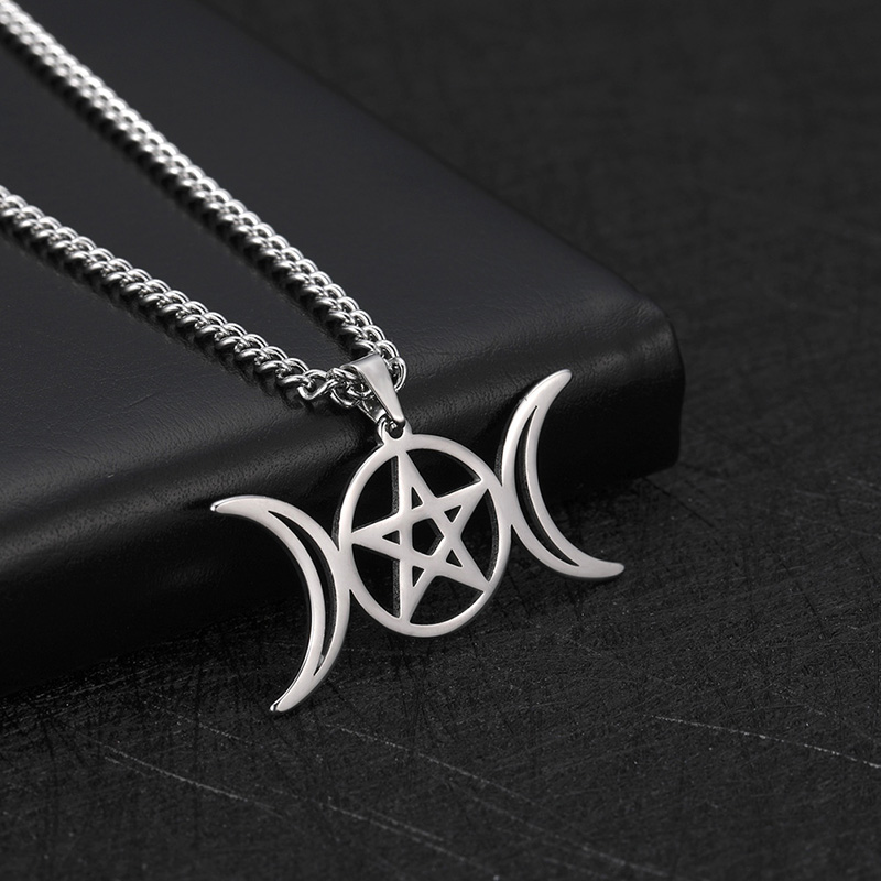 

Unift Triple Moon Goddess Necklace For Women Men Wicca Pentagram Magic Supernatural Amulet Necklaces Stainless Steel Jewelry