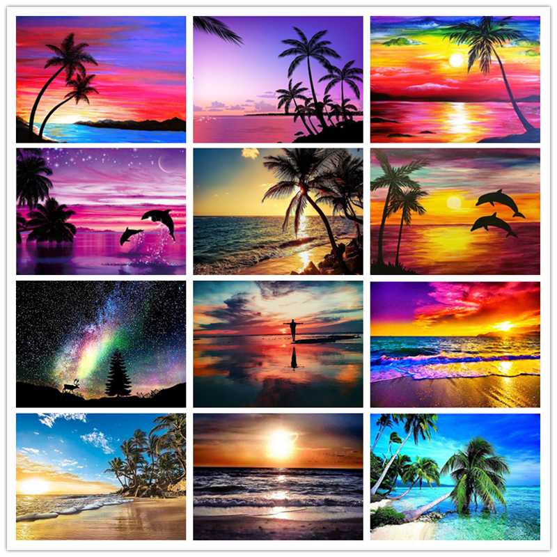 

Diamond Painting Sunset Scenery Beach Sea 5d Diamond Puzzle 5d Painting Full Drill Art Cross Stitch Home Decoration