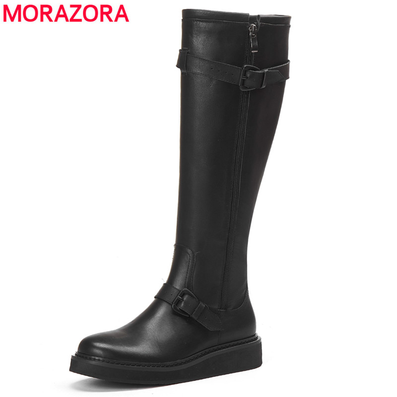 

MORAZORA 2021 New Genuine leather knee high boots women buckle zip wedges black autumn winter boots female riding botas, Black with fur