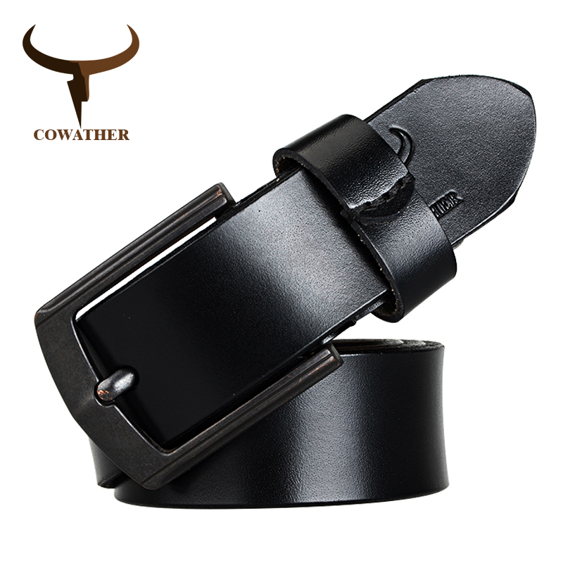 

COWATHER Good quality cow genuine leather mens belt for men alloy pin buckle male strap new design waistband free shipping, Black
