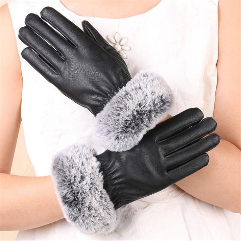 

VIIANLES Full Finger Gloves Touched Screen Mittens PU Leather Women Gloves Waterproof Faux Fur Thick Warm Winter Gift