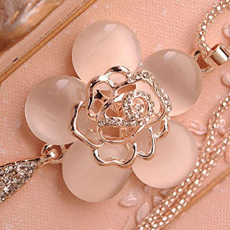 

Long Cat's Eye Pendant Rose Flower Sweater Chain Necklace Best Gift For Girls Chain Fashion Metal Flower Pendant Necklaces, Silver