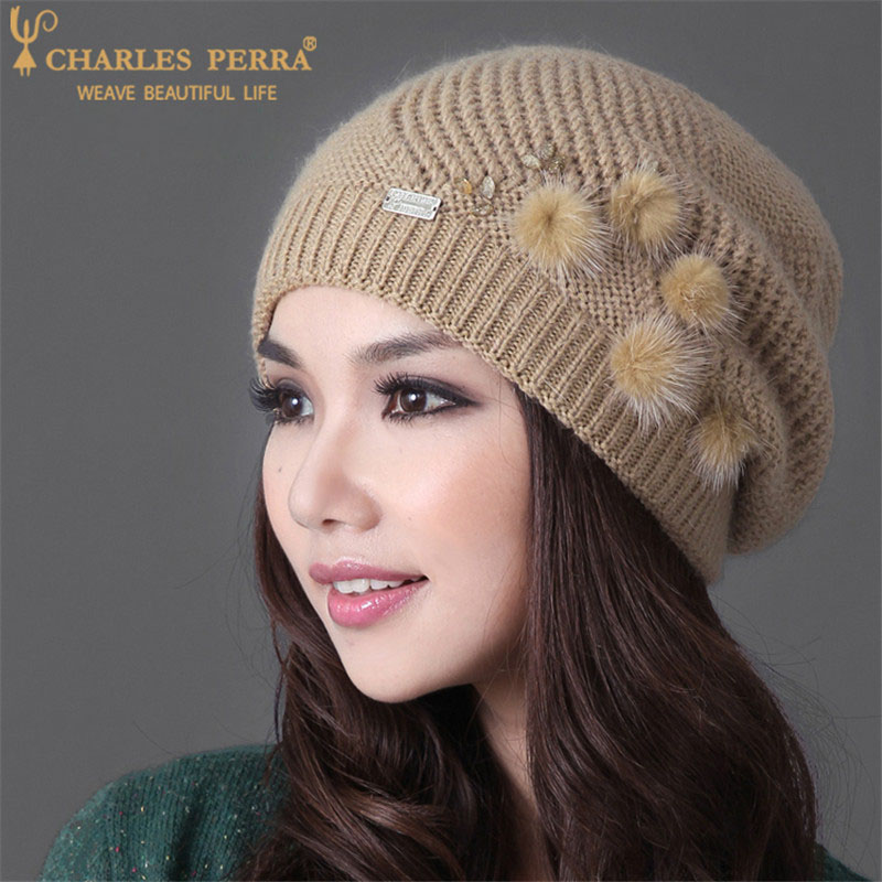 

Charles Perra Women Hats Winter Thicken Double Layer Hair Knitted Hat Elegant Casual Wool Cap Female Beanies 2010, Black
