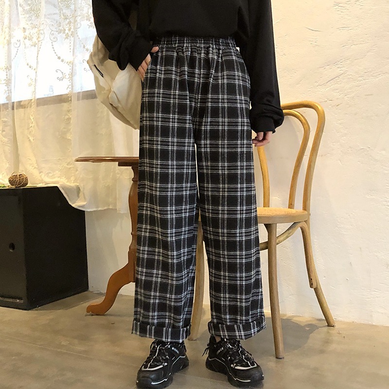 

Retro plaid pants women' 2020 spring and autumn new Harajuku ankle long wide-leg pants casual loose wild straight mopping