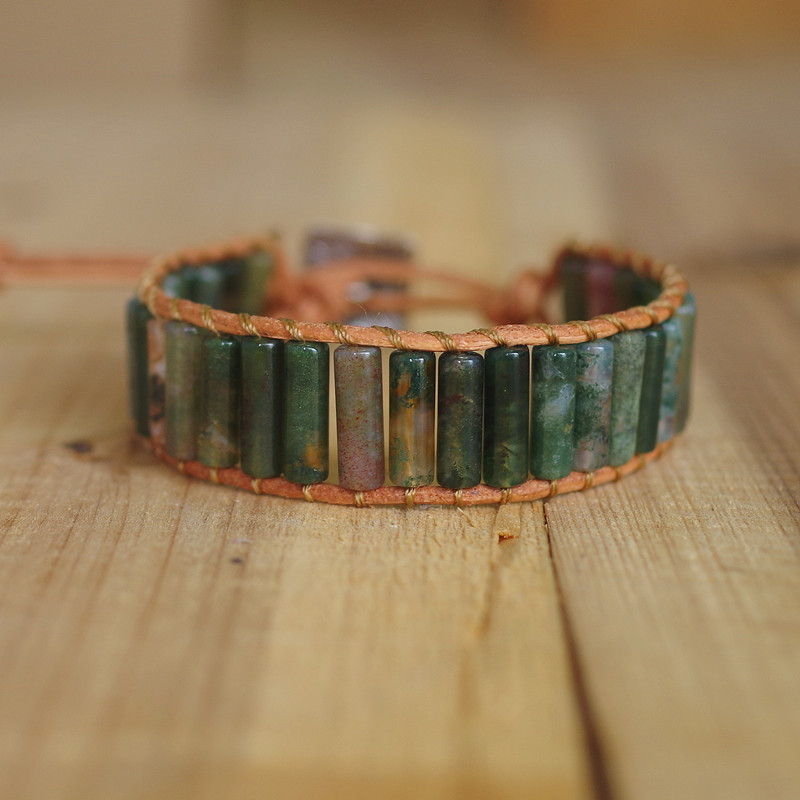 

DIY Bohemia Leather Wrap Bracelet Natural Onyx Cylindrical Beaded Charm Women Men Handmade Jewelry