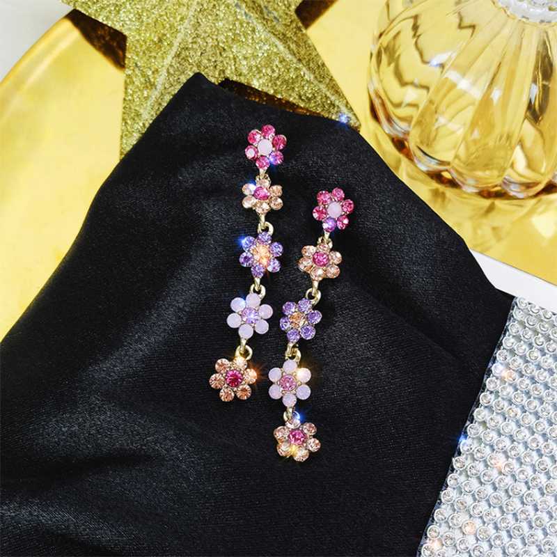 

LATS Korean New Crystal Flower Tassel Stud Earrings Colorful Long Earrings for Women 2020 Fashion Jewelry Earings Accessories