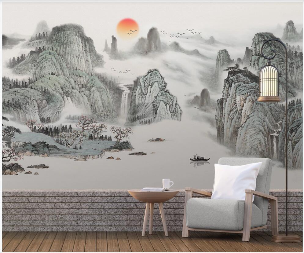 

wall paper 3 d custom photo mural on the wall Chinese Ink painting mountain and river scenery home decor photo wallpaper in the living room, Non woven wallpaper