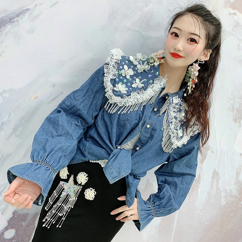 

Women Denim Ruffled Lace Denim Thin Jacket Casual Ruffles Floral Turn-down Collar Women Coats Brides Jackets, As picture