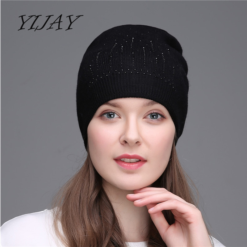 

Thick wool knitting folds caps fashion autumn winter warm hats for women rhinestone skullies beanies hat female besnie, Black