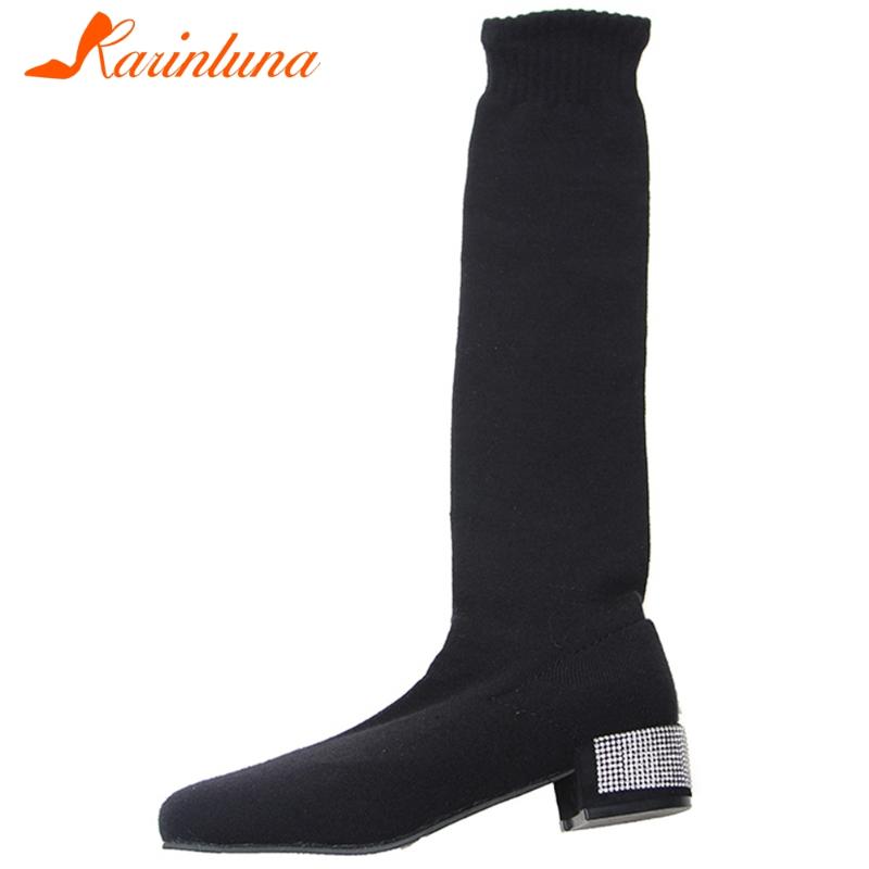 

KARIN New Female 2020 Slip On Boots Rounf Toe Med Heels Stretch Slim Thigh High Women Boots Over The Knee Women Shoes, Black