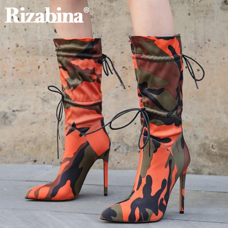 

Rizabina Size 34-46 Woman High Heel Boots Thin Heel Mixed Color Mid Calf Boots Woman Party Night Club Shoes Footwear, Black