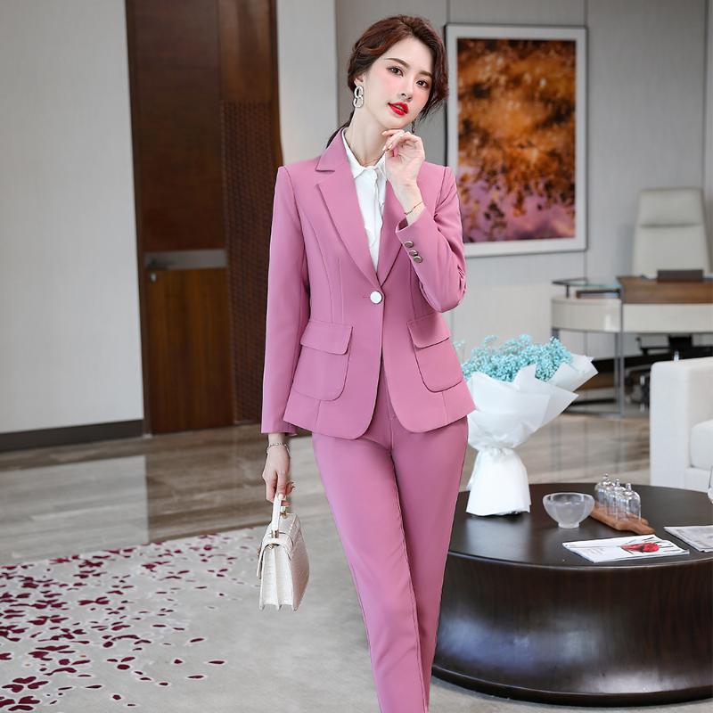 

Fashion Slim Work Pant Suit Women Pink Beige Black Green Single Button Jacket and Pant Office Ladies Suit Blazer Set With Pocket, Purple 2 piece set