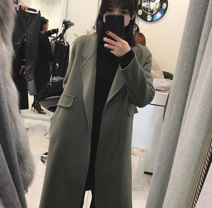 

Autumn and winter new hand made double-sided cashmere coat women' medium long Hepburn loose over knee wool coat, Black