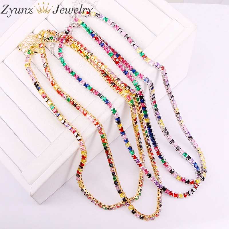 

5PCS, 4mm, New arrived gold/silver color necklace with rainbow cz tennis chain colorful cz charm choker necklace