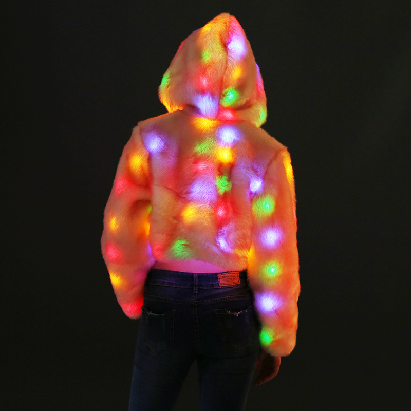 

women teddy coat LED Light Fashion Faux Fur Hooded Jacket with Jacket Prom Nightclub Costume Fur Pink Coat party sexy