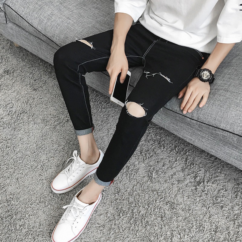 

Spring autumn 2020 teenagers pants Cut holes small feet Korean slim casual jeans handsome men's pants students prncil, Black