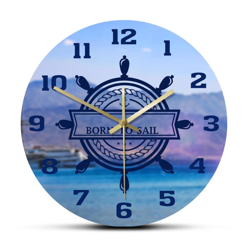 

Steering Wheel Modern Printed Acrylic Wall Clock Nautical Vessel Sailing Adventure Anchor Non Ticking Hanging Home Decor Watch